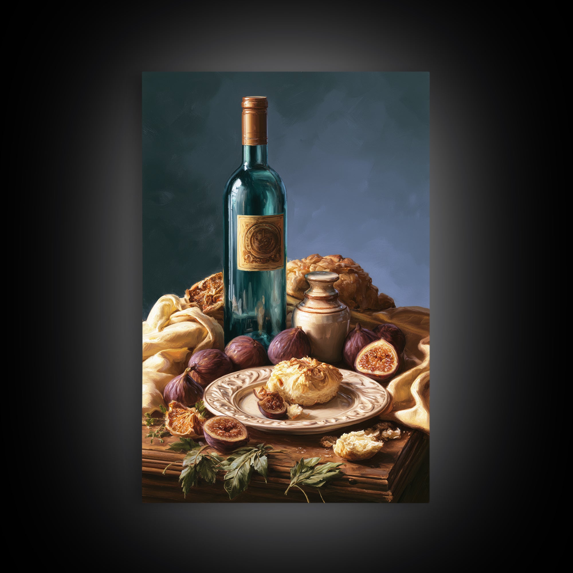 Wine Bottle and Figs Canvas Print, Restaurant Art, Watercolor Painting, Restaurant Decor, Oil Painting, Bistro, Fine Art Print, RES-2x3-57