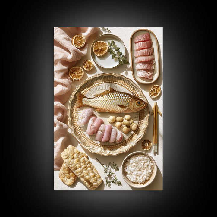 Sushi Fish and Ceramic Plate Composition Canvas Print, Restaurant Art, Kitchen Art, Restaurant Decor, Fine Art, Bistro, RES-2x3-61