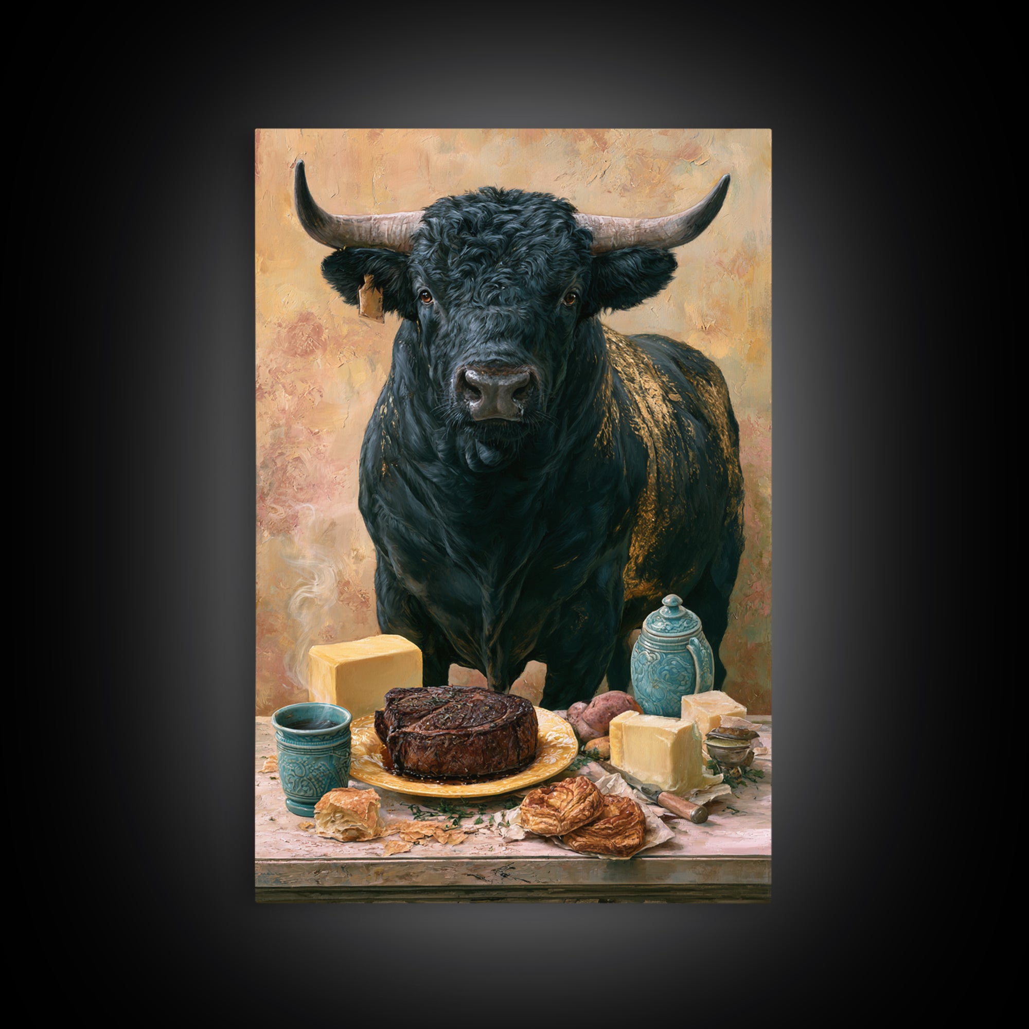 Steakhouse Black and Gold Bull Portrait Framed Canvas Print, Restaurant Art, Farmhouse Decor, Restaurant Decor, Bistro, RES-2x3-63