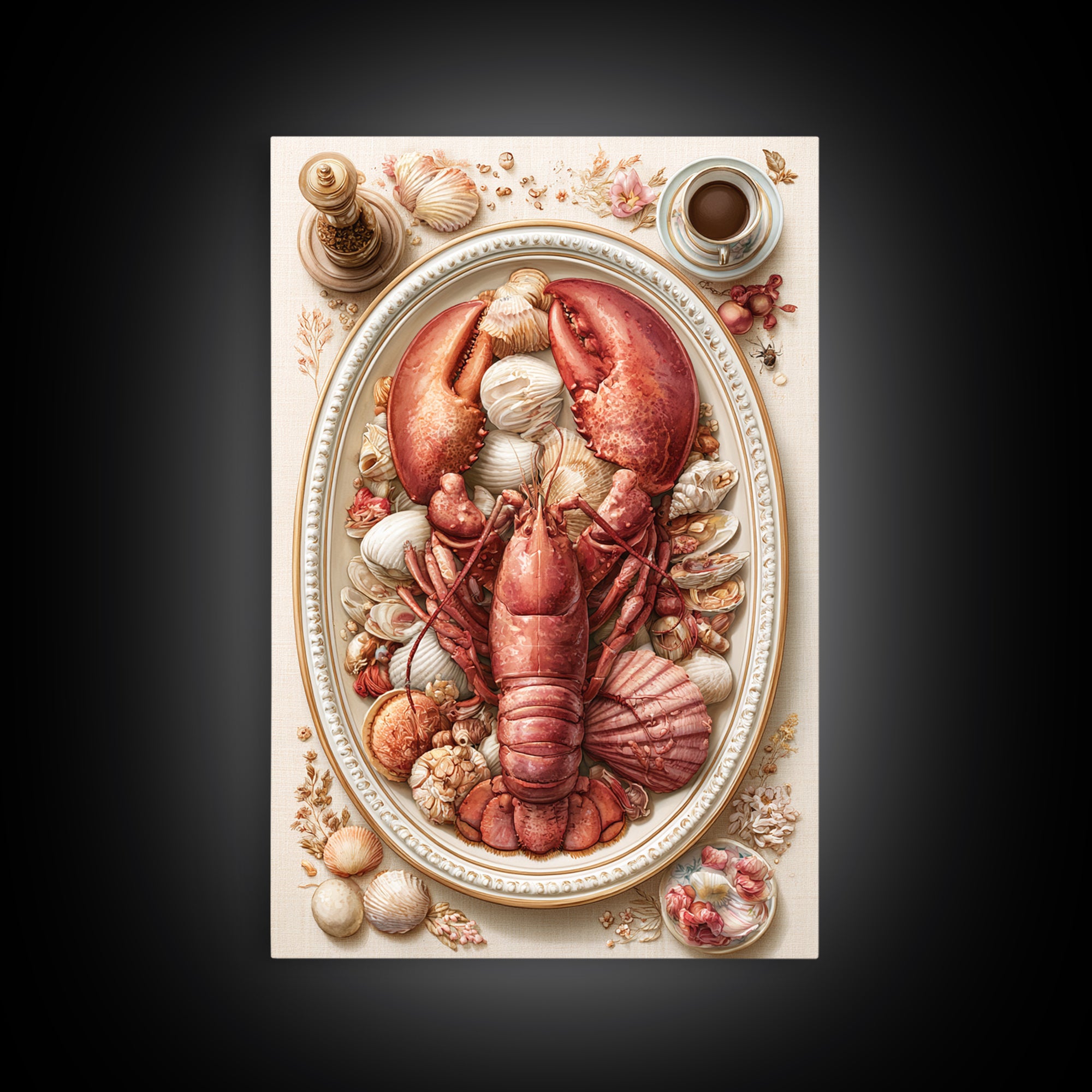 Seafood Lobster and Shell Arrangement Framed Canvas Print, Restaurant Art, Printable Wall Art, Restaurant Decor, Bistro, RES-2x3-64