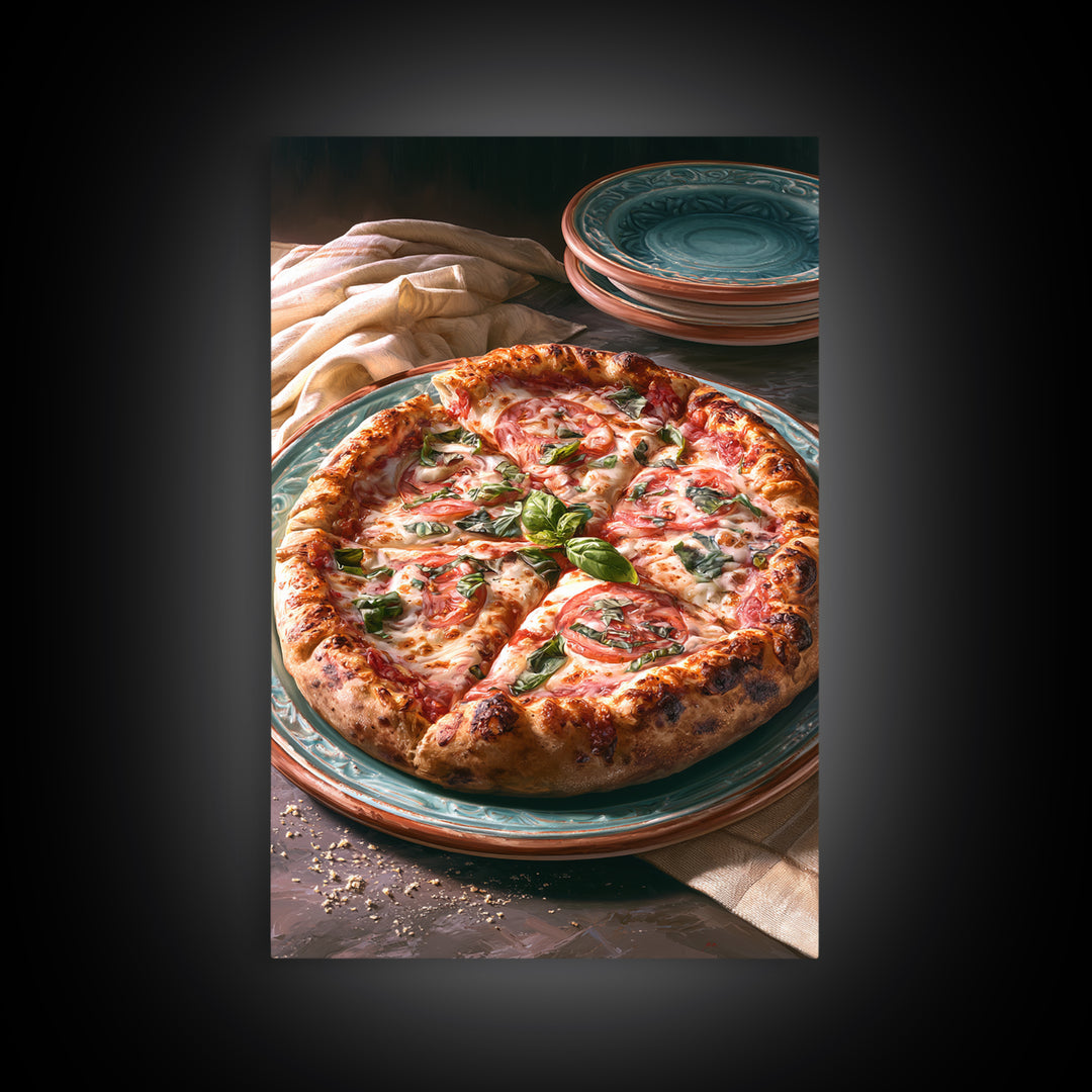Pizzeria Tomato Basil and Mozzarella Still Life Canvas Print, Restaurant Art, Restaurant Decor, Oil Painting, Bistro, RES-2x3-66