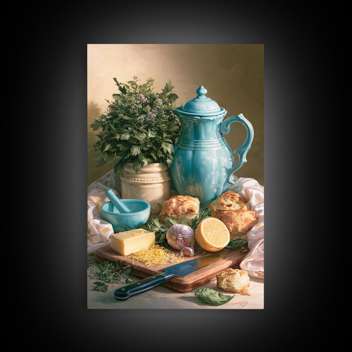 Chef Knife Herbs and Cutting Board Still Framed Canvas Print, Restaurant Art, Living Room Decor, Restaurant Decor, Bistro, RES-2x3-69