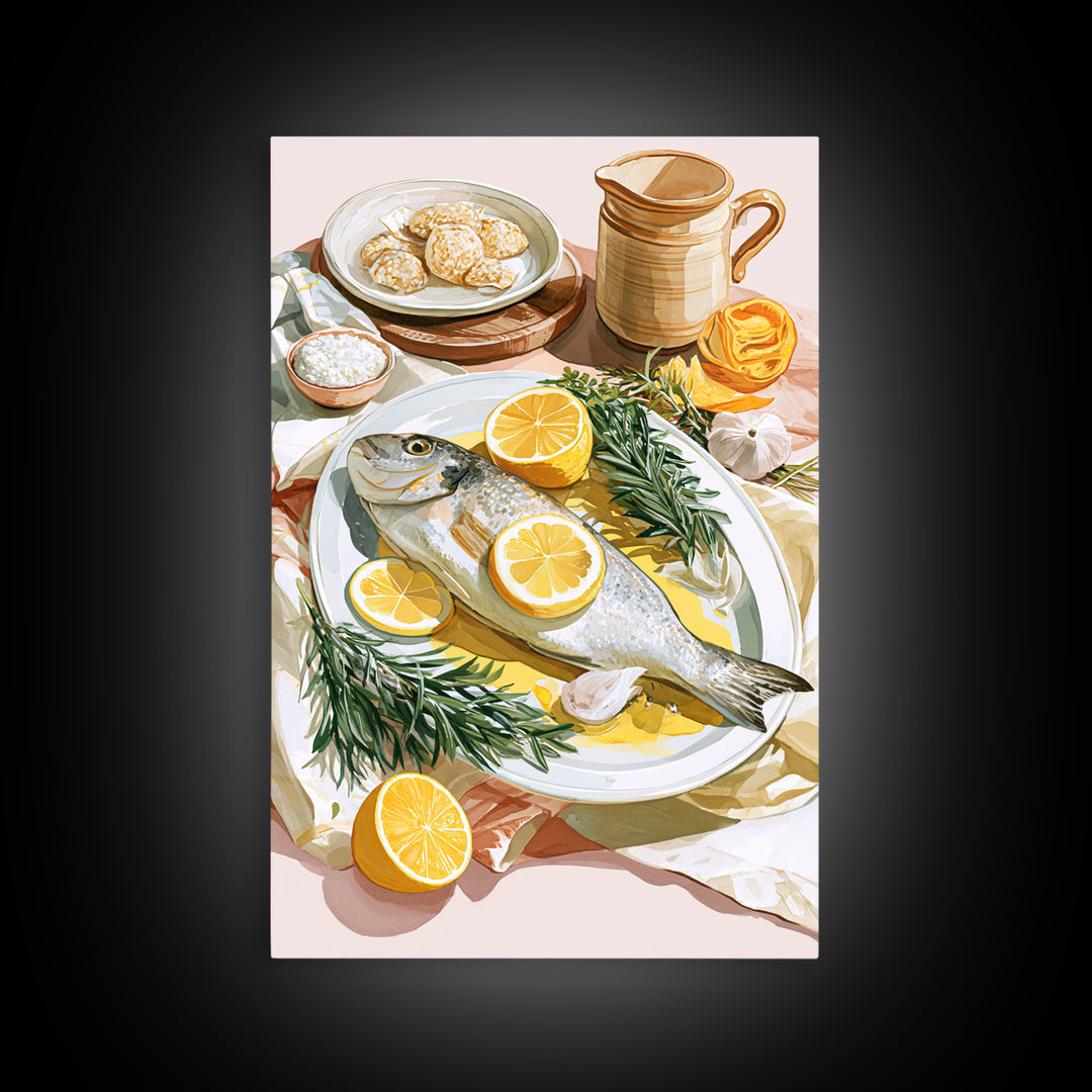 Fresh Fish with Lemon and Herbs Canvas Print, Restaurant Art, Fine Art Print, Restaurant Decor, Fine Art, Bistro, Wall Decor, RES-2x3-7