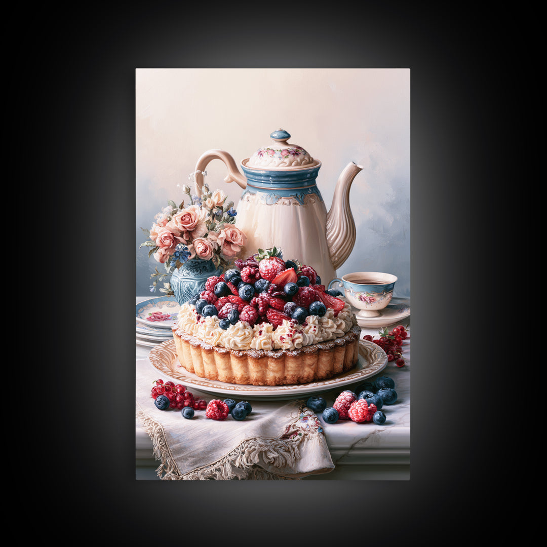 Dessert Tart with Berries and Cream Canvas Print, Restaurant Art, Wall Art Prints, Restaurant Decor, Oil Painting, Bistro, RES-2x3-72