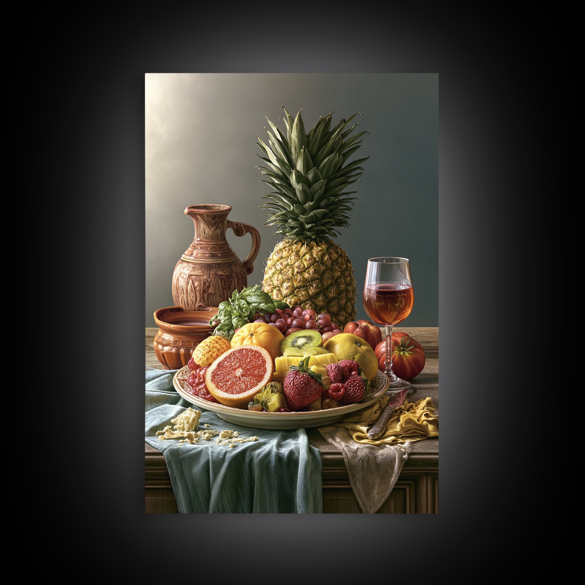 Tropical Fruit Platter Framed Canvas Print, Restaurant Art, Framed Wall Art, Restaurant Decor, Watercolor Art, Bistro, RES-2x3-74
