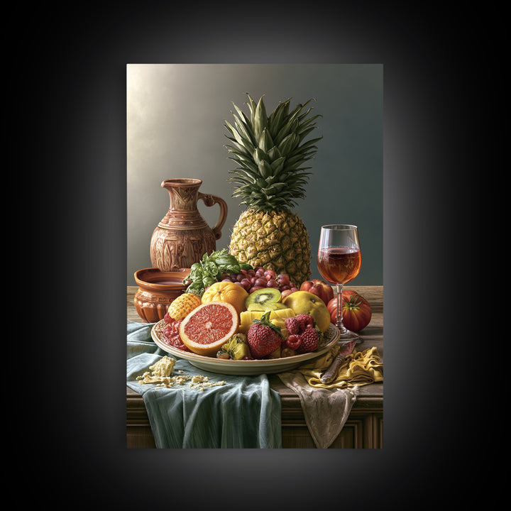Tropical Fruit Platter Framed Canvas Print, Restaurant Art, Framed Wall Art, Restaurant Decor, Watercolor Art, Bistro, RES-2x3-74