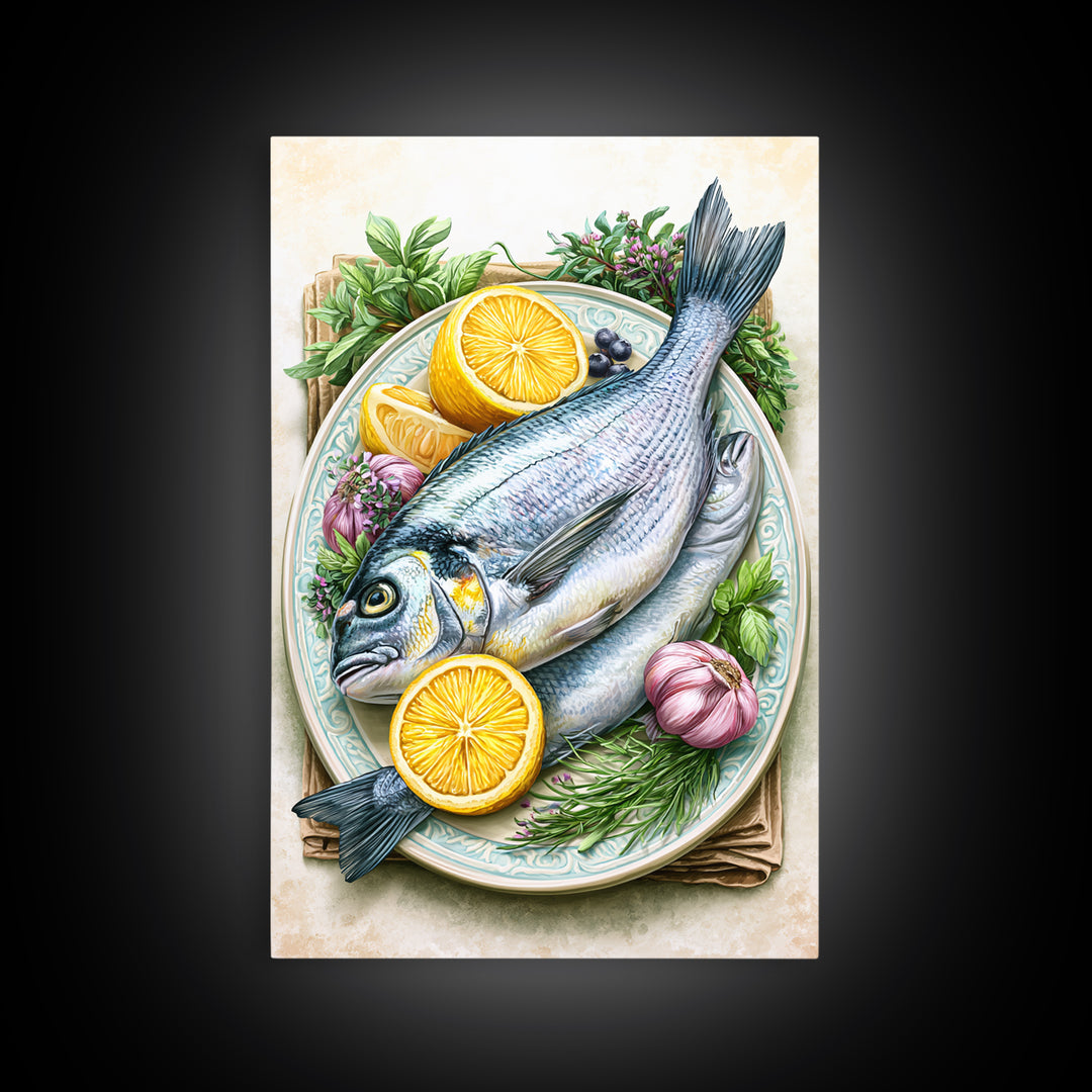 Fresh Fish with Lemon and Herbs Canvas Print, Restaurant Art, Printable Art, Restaurant Decor, Fine Art, Bistro, Watercolor Art, RES-2x3-79
