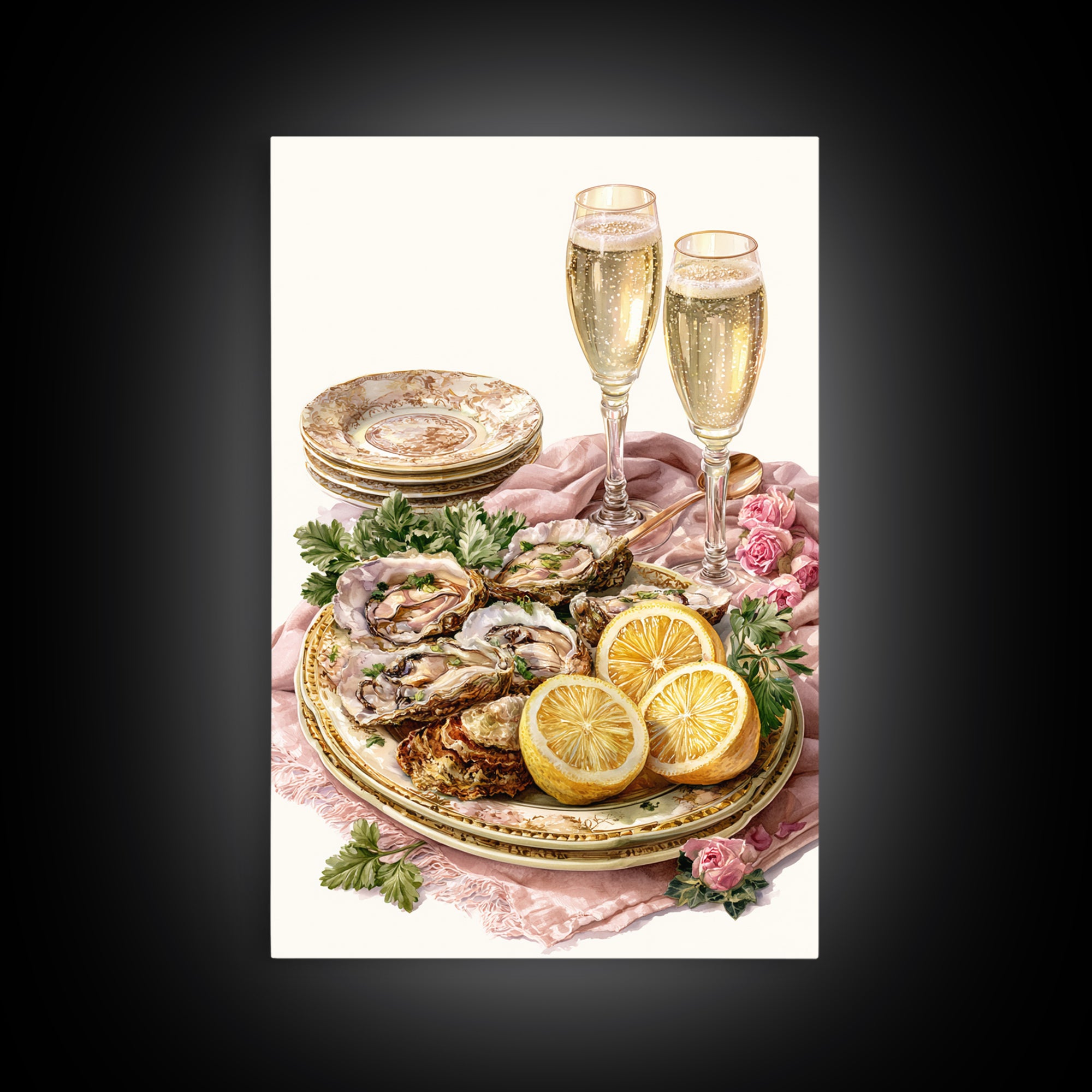 Oyster Platter with Lemons and Champagne Framed Canvas Print, Restaurant Art, Watercolor Art, Restaurant Decor, Abstract Art, RES-2x3-83