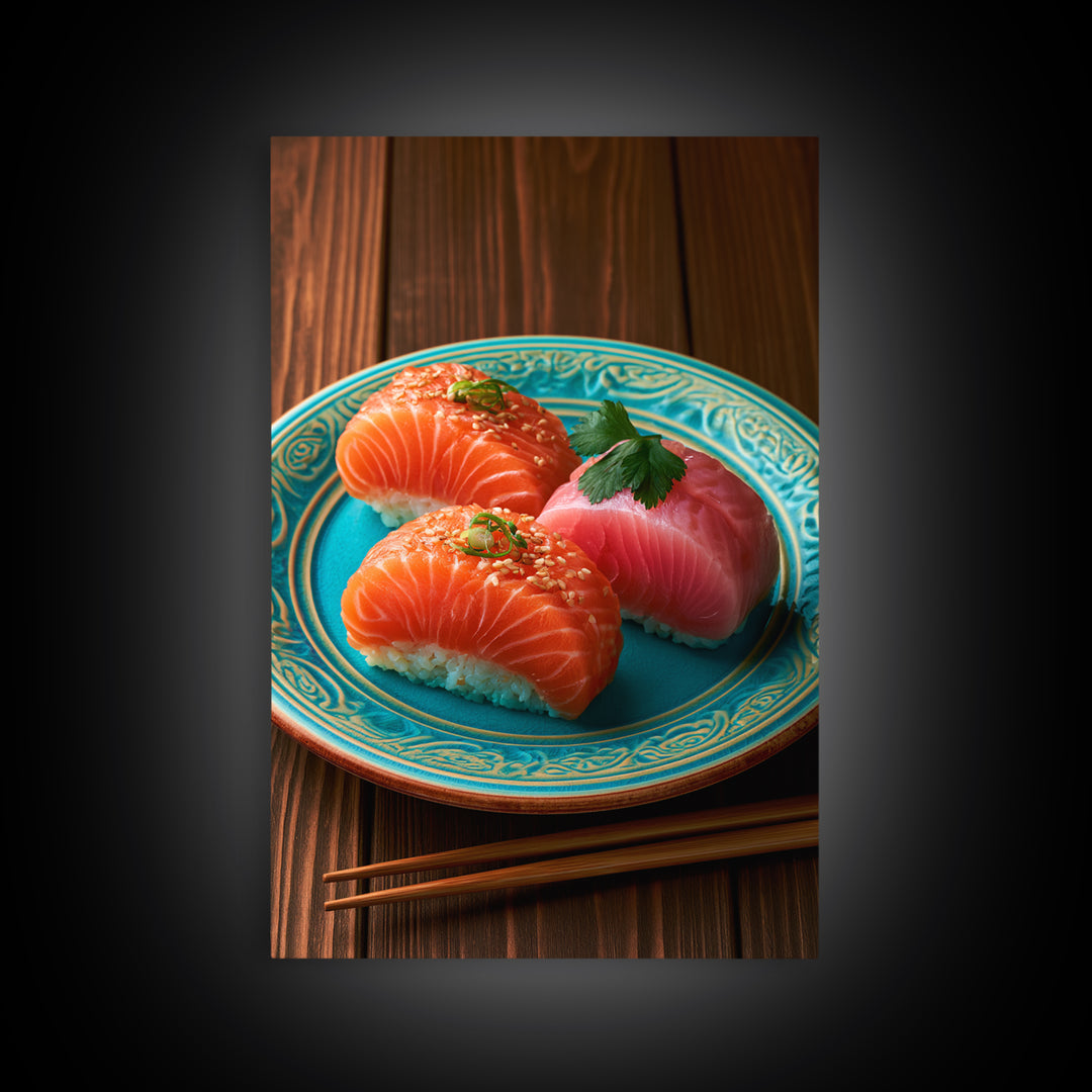 Sushi Fish and Ceramic Plate Composition Framed Canvas Print, Restaurant Art, Canvas Print, Restaurant Decor, Fine Art, Bistro, RES-2x3-85
