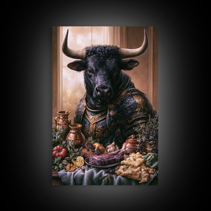 Steakhouse Black and Gold Bull Portrait Framed Canvas Print, Restaurant Art, Stained Glass Art, Restaurant Decor, Bistro, RES-2x3-87