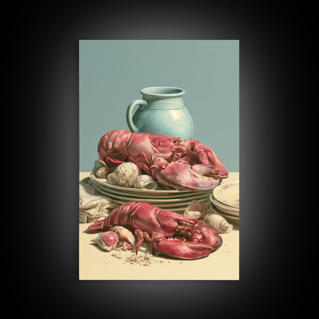 Seafood Lobster and Shell Arrangement Framed Canvas Print, Restaurant Art, Kitchen Art, Restaurant Decor, Fine Art, Bistro, RES-2x3-88