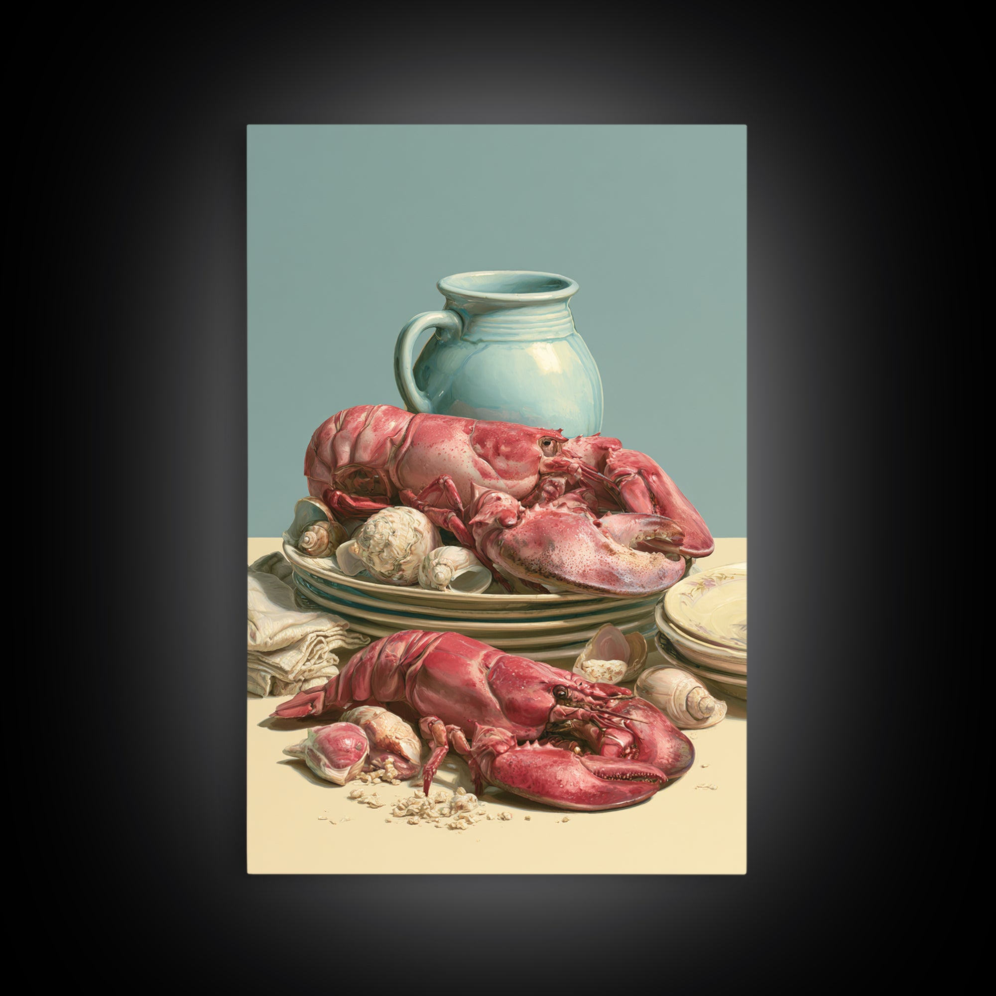 Seafood Lobster and Shell Arrangement Framed Canvas Print, Restaurant Art, Kitchen Art, Restaurant Decor, Fine Art, Bistro, RES-2x3-88