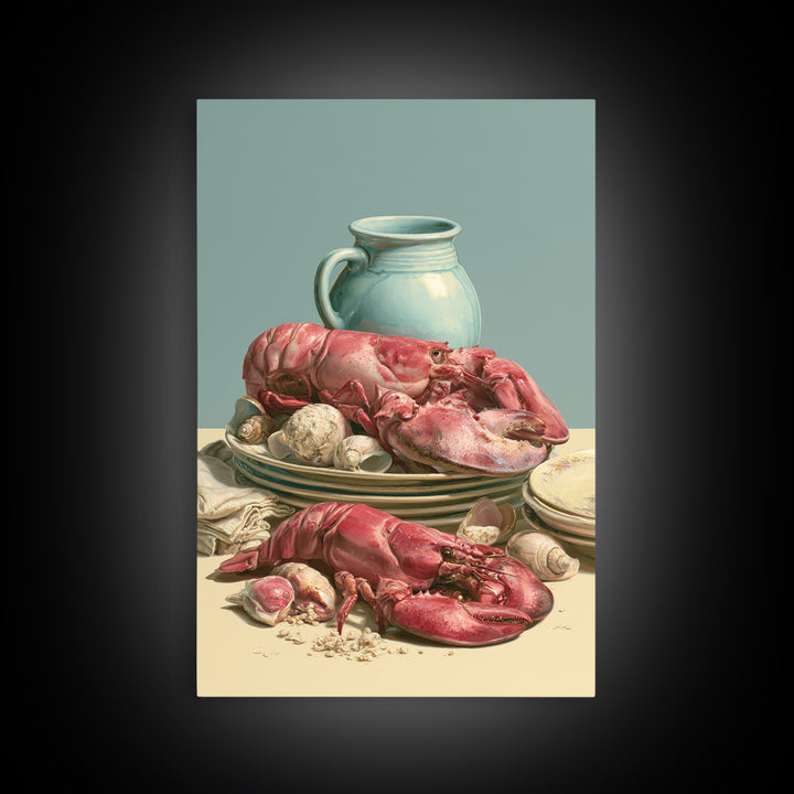 Seafood Lobster and Shell Arrangement Framed Canvas Print, Restaurant Art, Kitchen Art, Restaurant Decor, Fine Art, Bistro, RES-2x3-88
