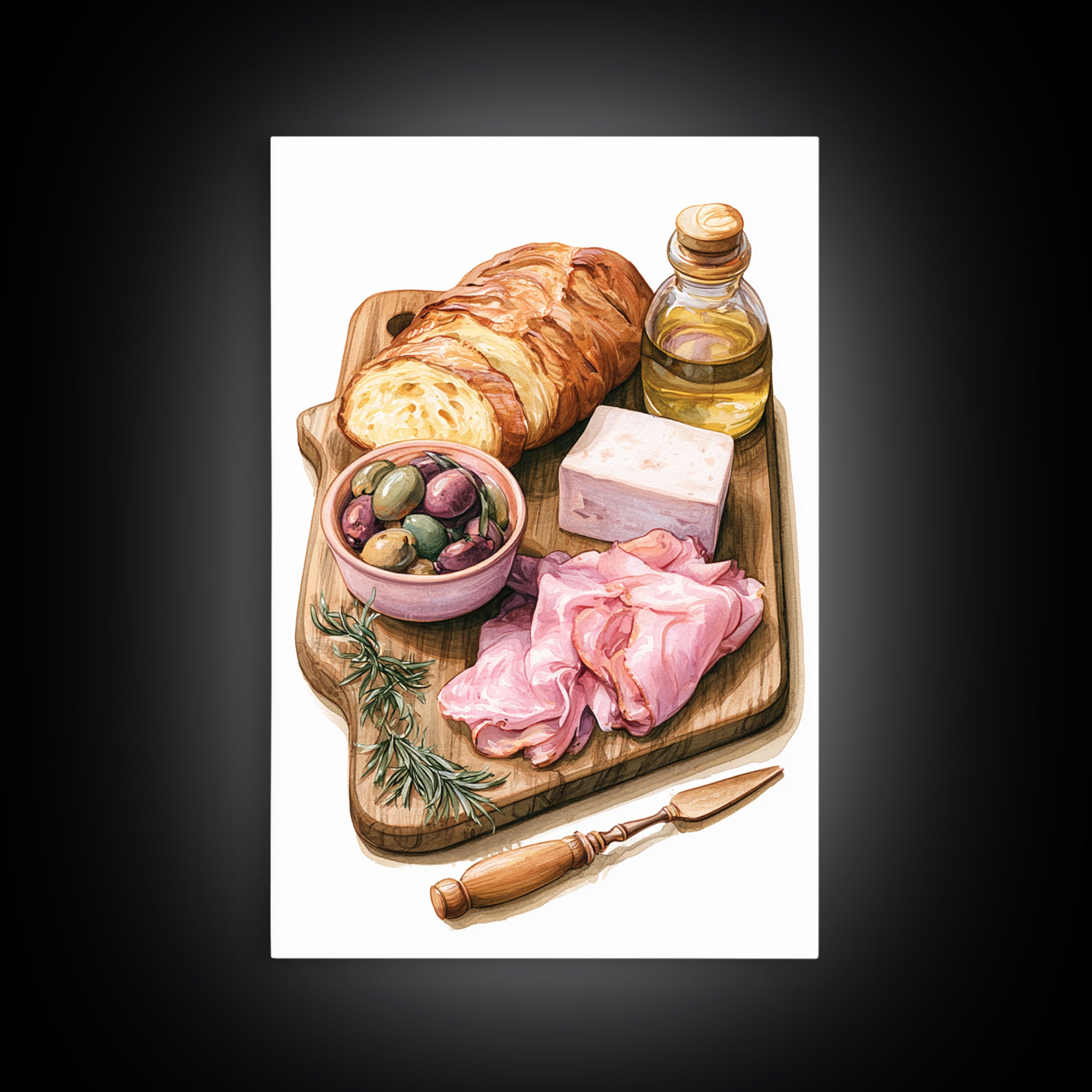 Mediterranean Olives Bread and Cheese Board Canvas Print, Restaurant Art, Bedroom Wall Art, Restaurant Decor, Bistro, RES-2x3-89