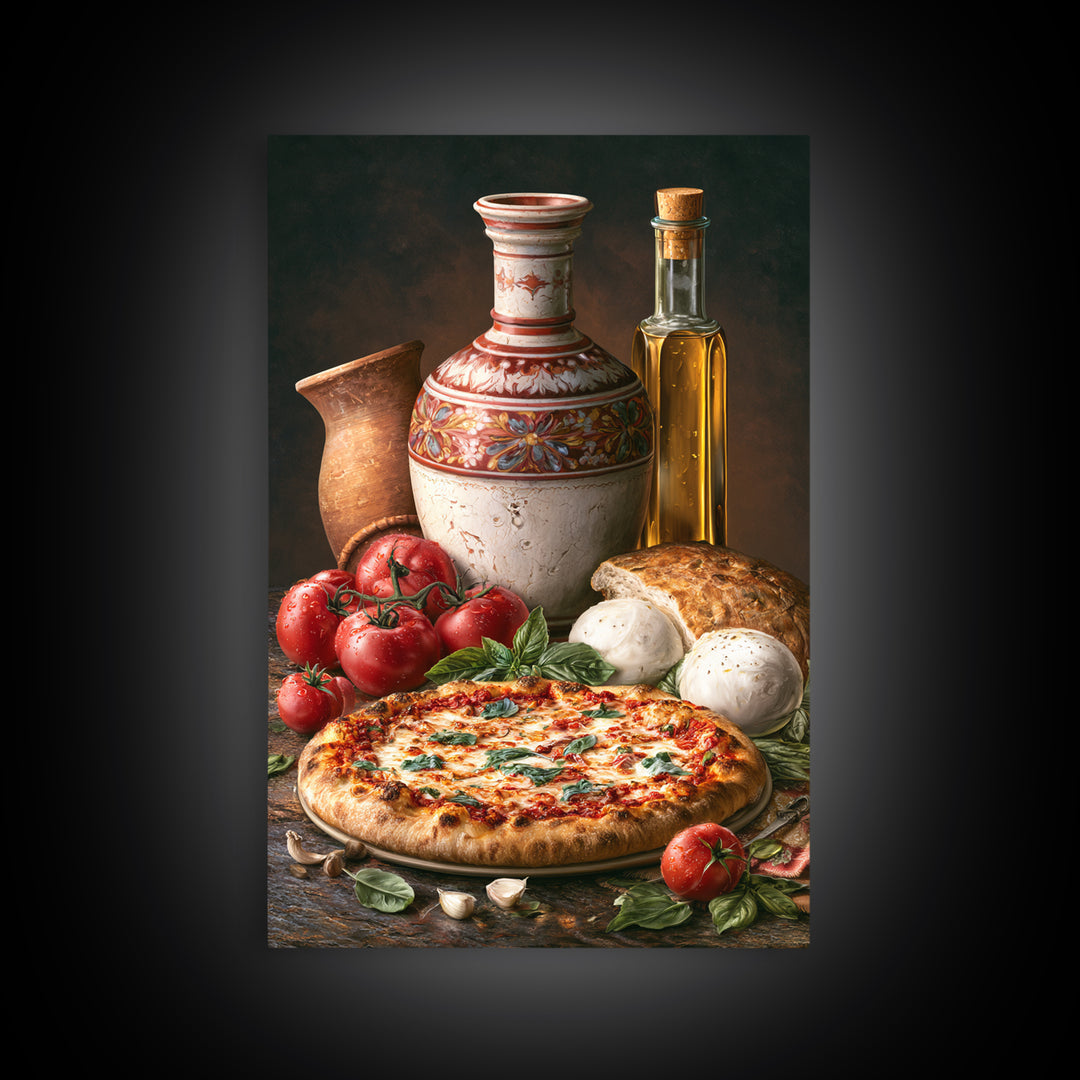 Pizzeria Tomato Basil and Mozzarella Still Life Framed Canvas Print, Restaurant Art, Digital Print, Restaurant Decor, Bistro, RES-2x3-90