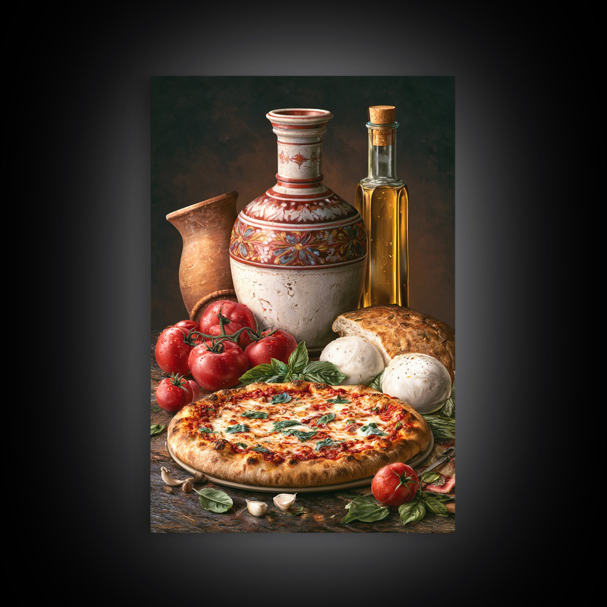 Pizzeria Tomato Basil and Mozzarella Still Life Framed Canvas Print, Restaurant Art, Digital Print, Restaurant Decor, Bistro, RES-2x3-90