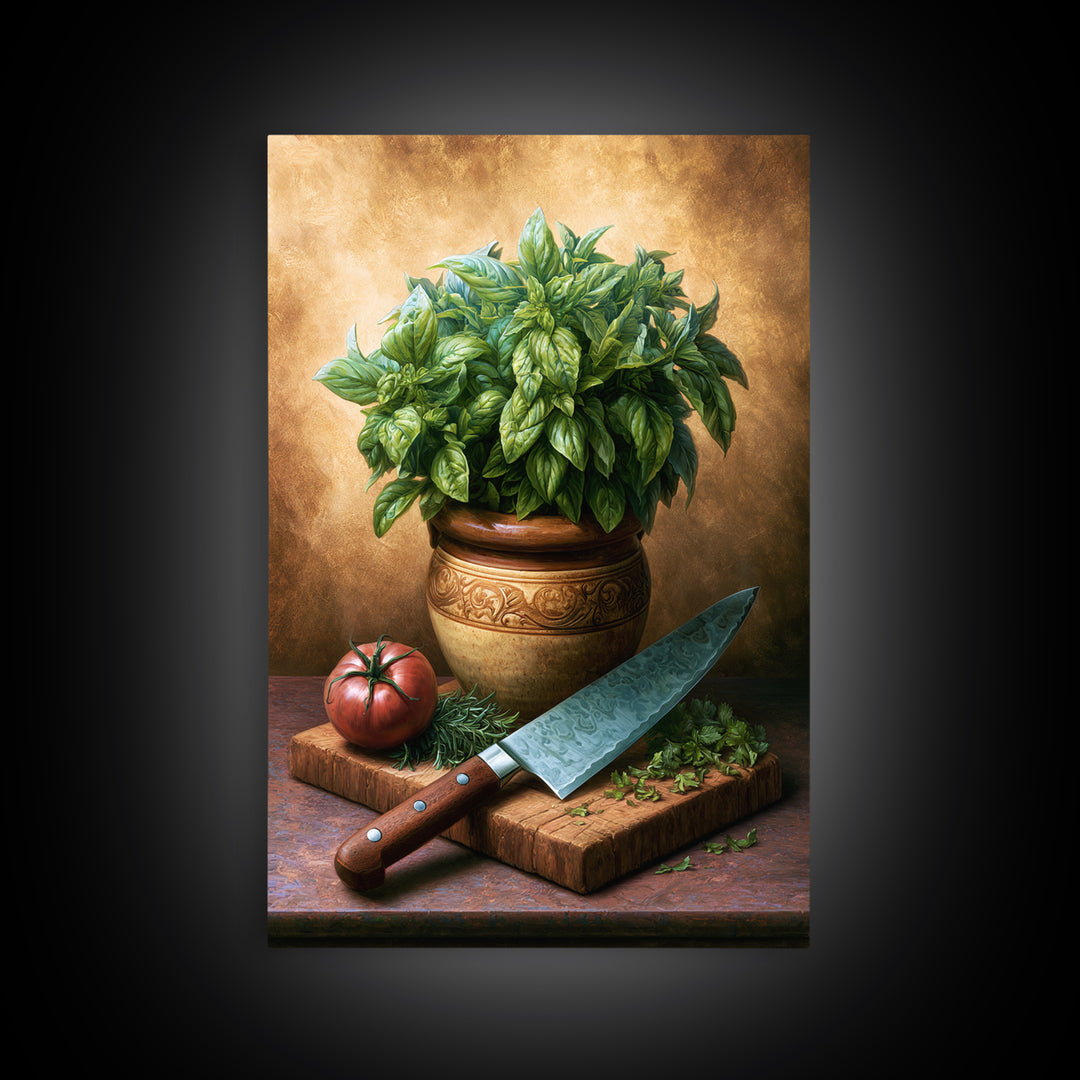 Chef Knife Herbs and Cutting Board Still Framed Canvas Print, Restaurant Art, Living Room Decor, Restaurant Decor, Bistro, RES-2x3-93
