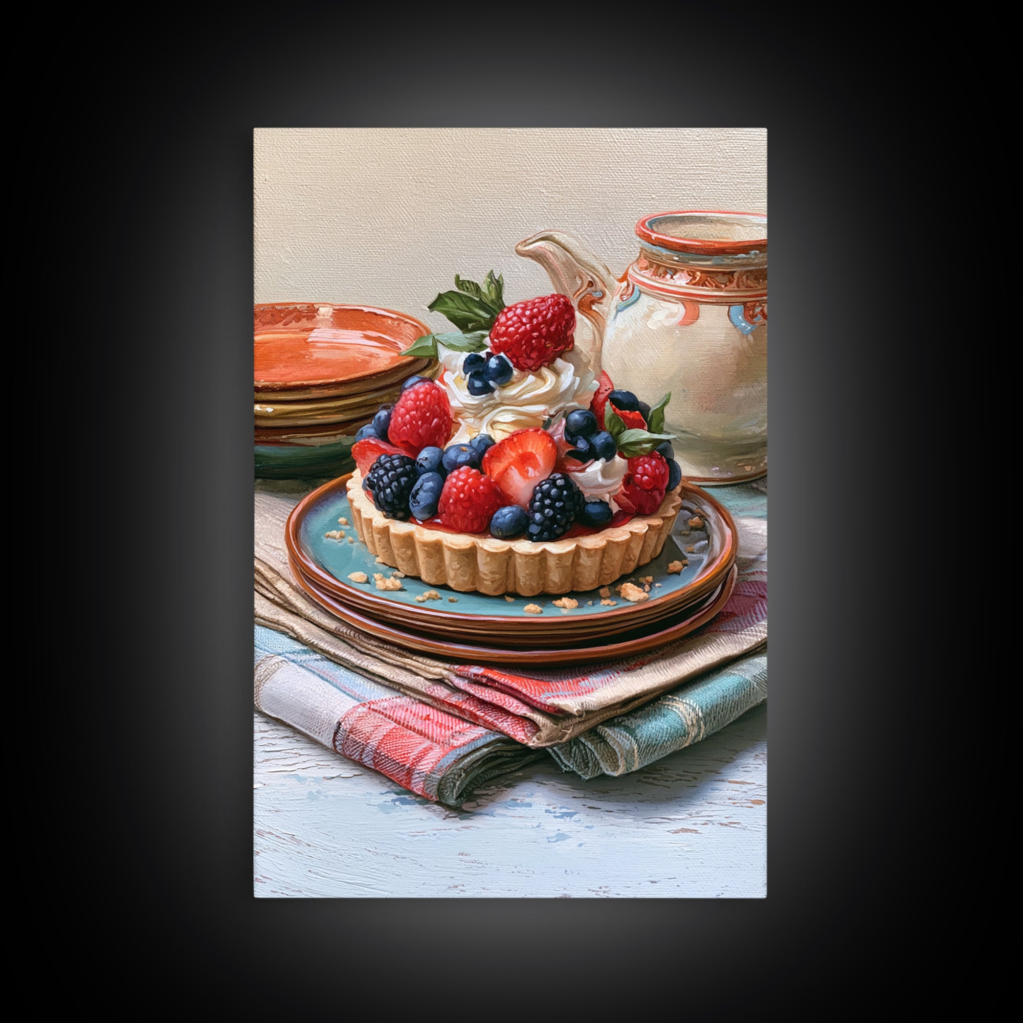 Dessert Tart with Berries and Cream Canvas Print, Restaurant Art, Living Room Decor, Restaurant Decor, Fine Art, Bistro, RES-2x3-96
