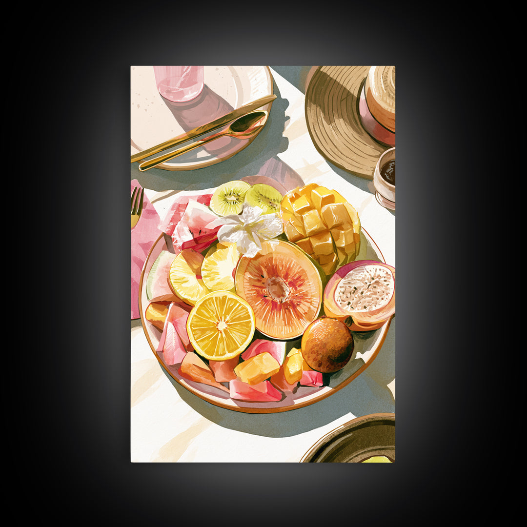 Tropical Fruit Platter Framed Canvas Print, Restaurant Art, Framed Wall Art, Restaurant Decor, Watercolor Art, Bistro, RES-2x3-98