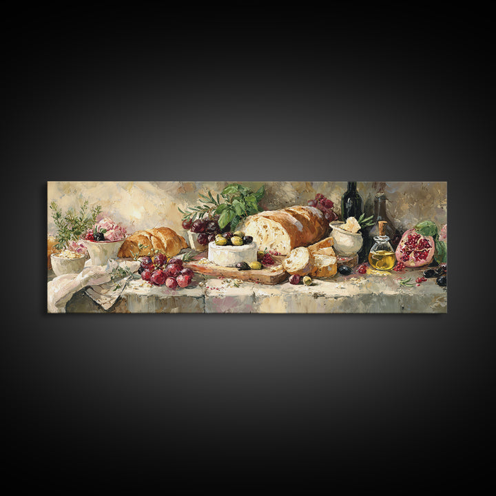 Mediterranean Olives Bread and Cheese Board Framed Canvas Print, Restaurant Art, Wall Art Print, Restaurant Decor, Bistro, RES-3x1-1