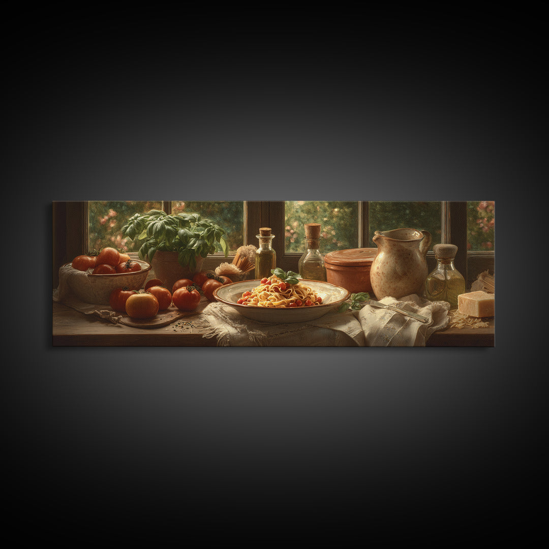 Fresh Pasta with Tomatoes and Basil Framed Canvas Print, Restaurant Art, Printable Art, Restaurant Decor, Fine Art, Bistro, RES-3x1-18