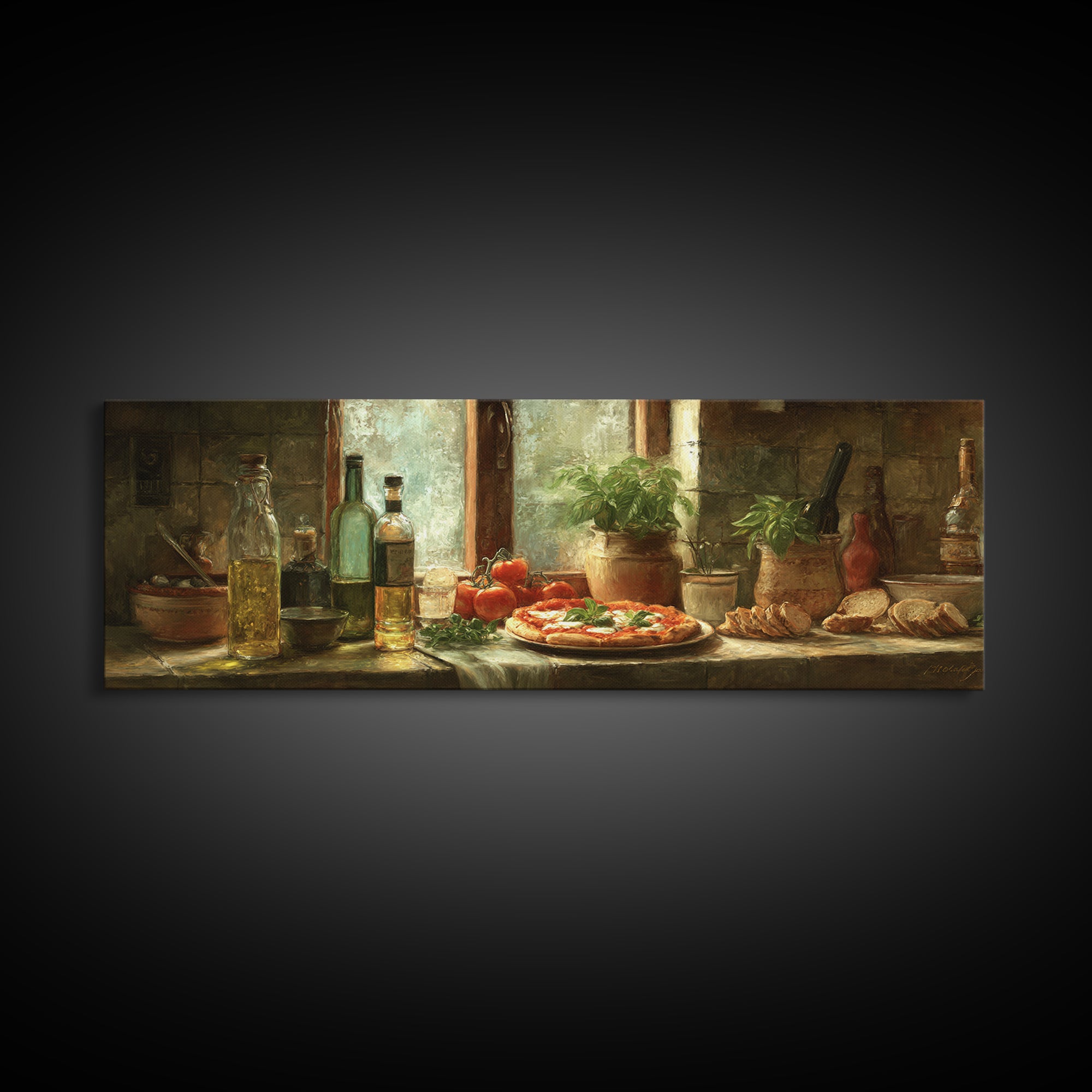 Pizzeria Tomato Basil and Mozzarella Still Life Framed Canvas Print, Restaurant Art, Canvas Wall Art, Restaurant Decor, Bistro, RES-3x1-2