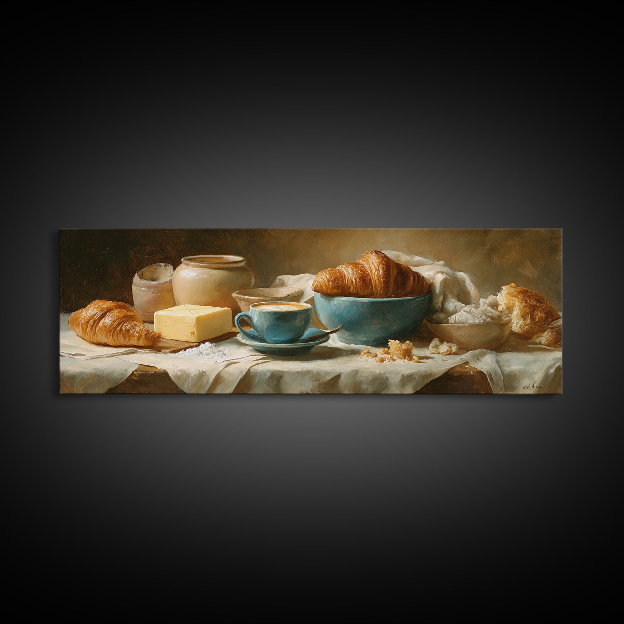 French Bistro Coffee and Croissant Still Life Canvas Print, Restaurant Art, Restaurant Decor, Abstract Art, Bistro, RES-3x1-22