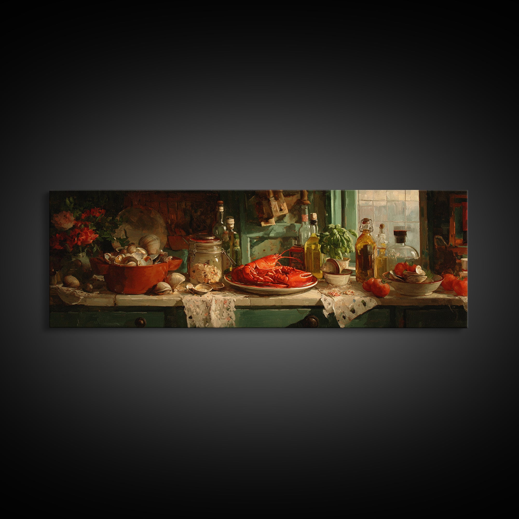 Seafood Lobster and Shell Arrangement Canvas Print, Restaurant Art, Cool Wall Art, Restaurant Decor, Fine Art, Bistro, RES-3x1-24