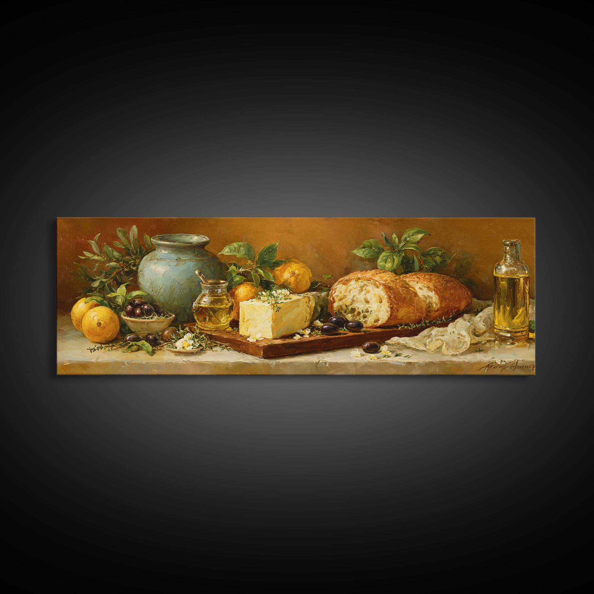 Mediterranean Olives Bread and Cheese Board Canvas Print, Restaurant Art, Watercolor Art, Restaurant Decor, Abstract Art, RES-3x1-25