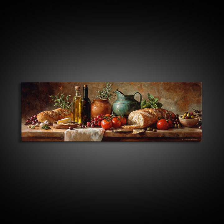 Mediterranean Olives Bread and Cheese Board Canvas Print, Restaurant Art, Watercolor Art, Restaurant Decor, Abstract Art, RES-3x1-49