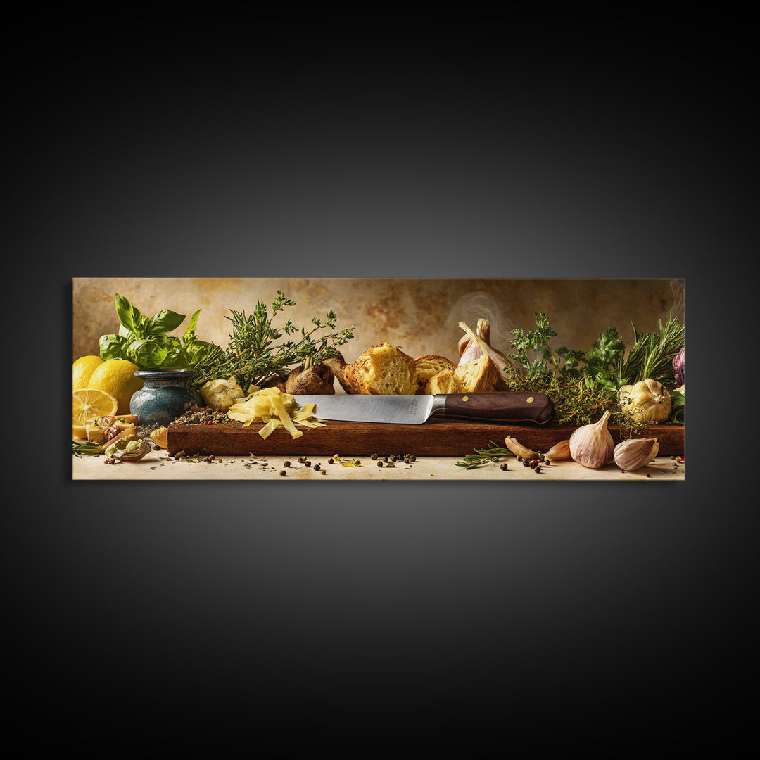 Chef Knife Herbs and Cutting Board Still Framed Canvas Print, Restaurant Art, Stained Glass Art, Restaurant Decor, Bistro, RES-3x1-53