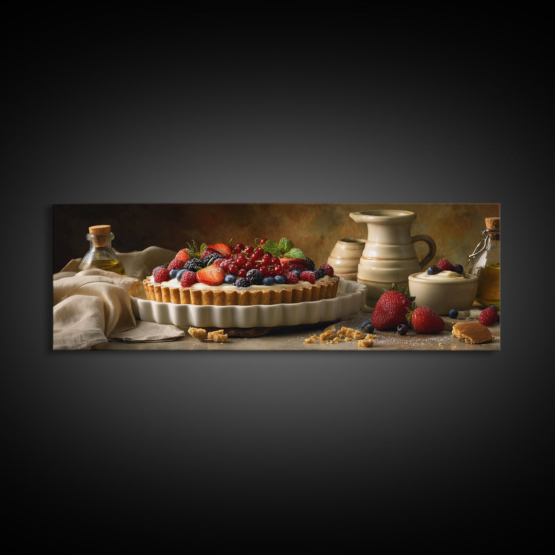 Dessert Tart with Berries and Cream Framed Canvas Print, Restaurant Art, Minimalist Decor, Restaurant Decor, Fine Art, Bistro, RES-3x1-56