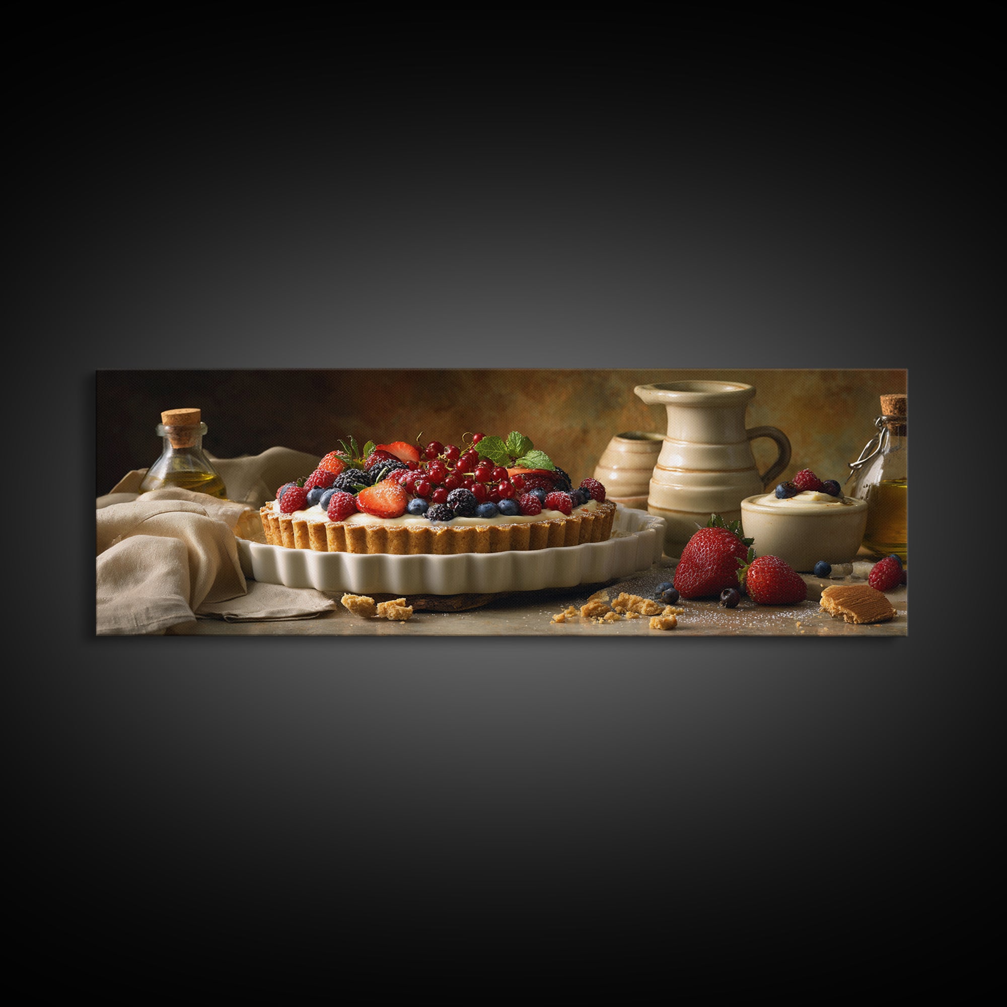 Dessert Tart with Berries and Cream Framed Canvas Print, Restaurant Art, Minimalist Decor, Restaurant Decor, Fine Art, Bistro, RES-3x1-56