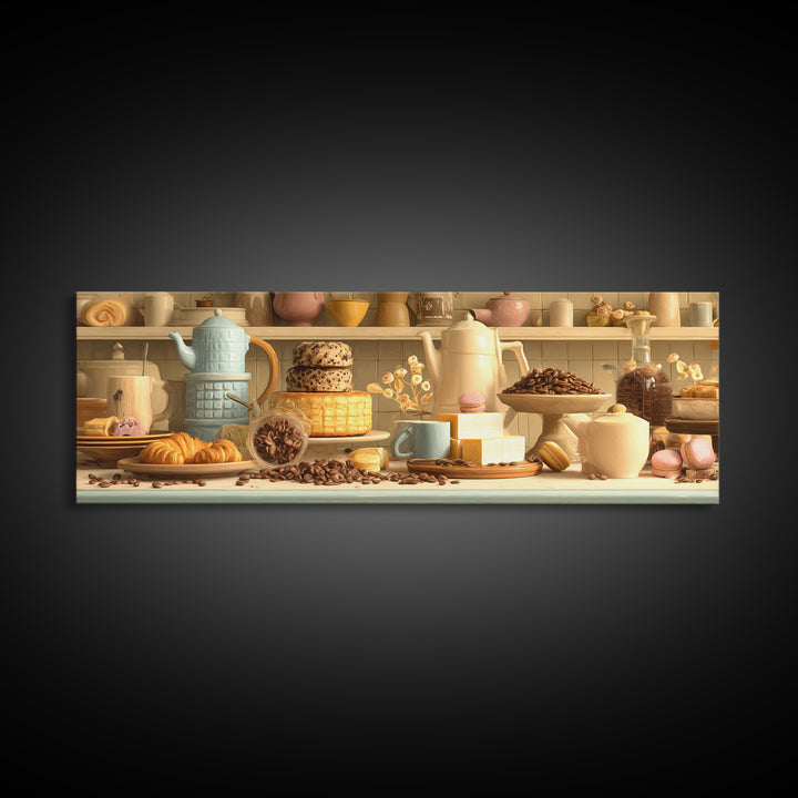 Coffee Beans and Pastry Arrangement Canvas Print, Restaurant Art, Boho Decor, Restaurant Decor, Oil Painting, Bistro, RES-3x1-62