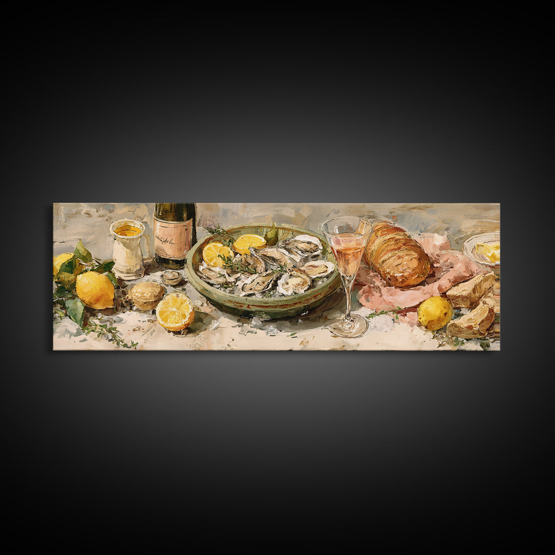Oyster Platter with Lemons and Champagne Framed Canvas Print, Restaurant Art, Kitchen Wall Art, Restaurant Decor, Abstract Art, RES-3x1-67
