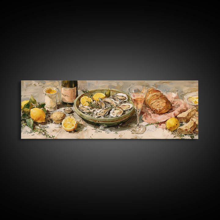 Oyster Platter with Lemons and Champagne Framed Canvas Print, Restaurant Art, Kitchen Wall Art, Restaurant Decor, Abstract Art, RES-3x1-67