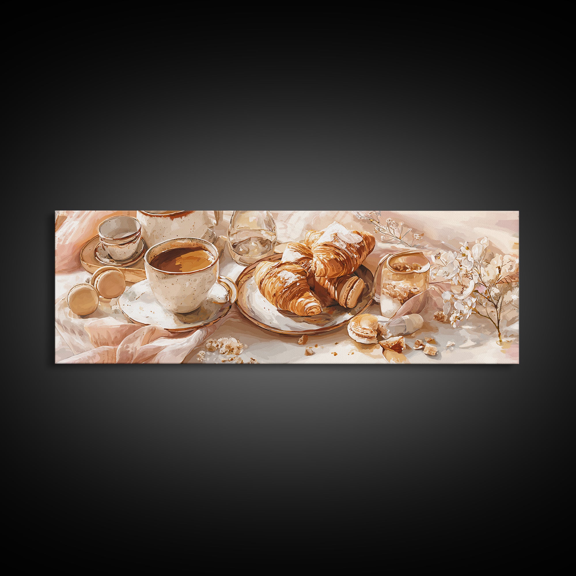 French Bistro Coffee and Croissant Still Life Canvas Print, Restaurant Art, Wall Art, Restaurant Decor, Oil Painting, Bistro, RES-3x1-70
