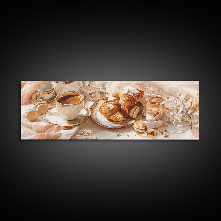 French Bistro Coffee and Croissant Still Life Canvas Print, Restaurant Art, Wall Art, Restaurant Decor, Oil Painting, Bistro, RES-3x1-70