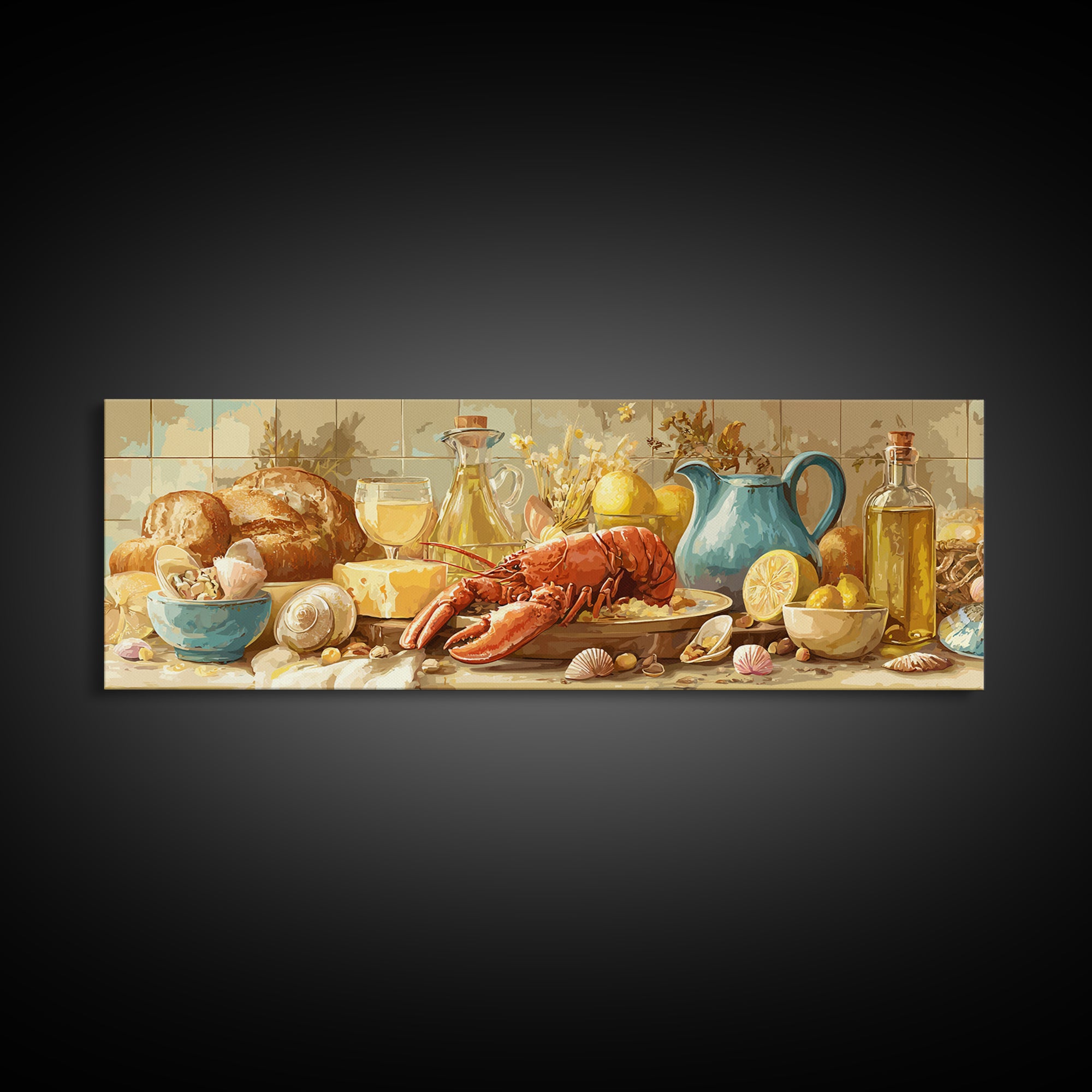 Seafood Lobster and Shell Arrangement Framed Canvas Print, Restaurant Art, Poster, Restaurant Decor, Fine Art, Bistro, RES-3x1-72