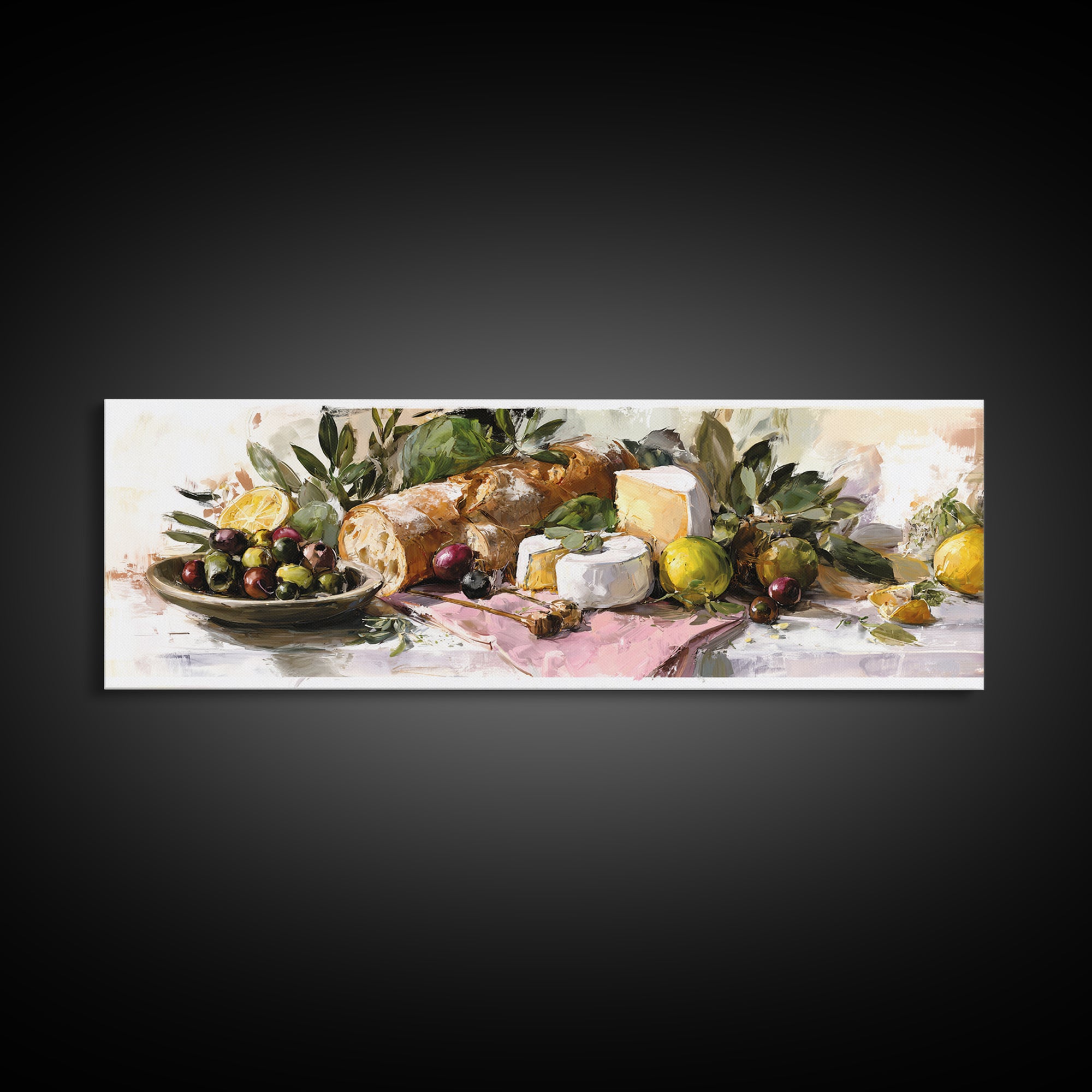 Mediterranean Olives Bread and Cheese Board Framed Canvas Print, Restaurant Art, Neutral Decor, Restaurant Decor, Bistro, RES-3x1-73