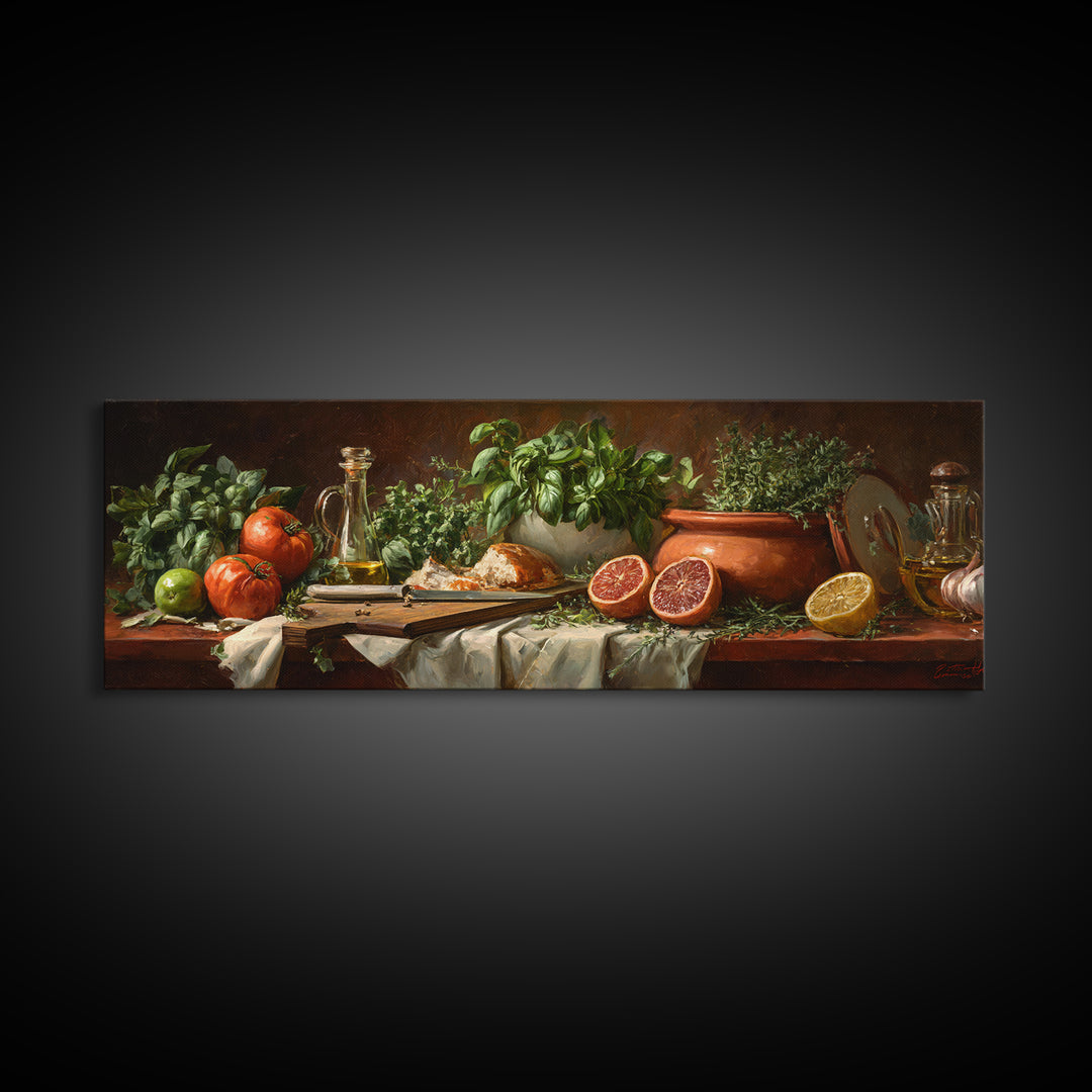 Chef Knife Herbs and Cutting Board Still Framed Canvas Print, Restaurant Art, Stained Glass Art, Restaurant Decor, Bistro, RES-3x1-77