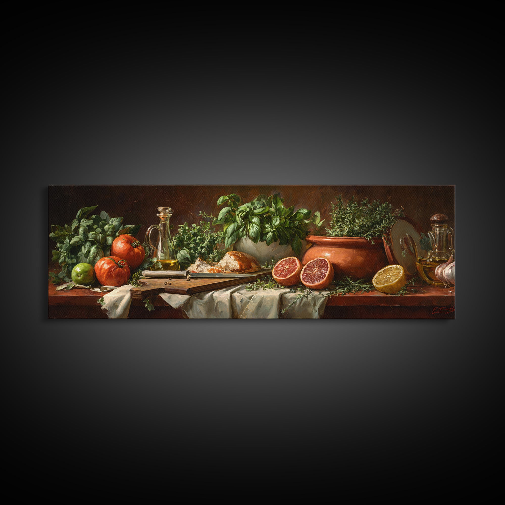 Chef Knife Herbs and Cutting Board Still Framed Canvas Print, Restaurant Art, Stained Glass Art, Restaurant Decor, Bistro, RES-3x1-77