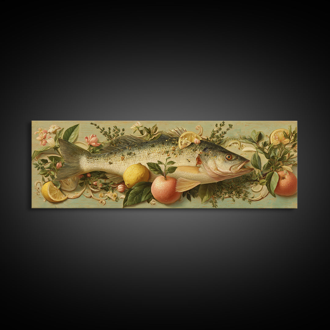 Fresh Fish with Lemon and Herbs Framed Canvas Print, Restaurant Art, Kitchen Decor, Restaurant Decor, Fine Art, Bistro, RES-3x1-87