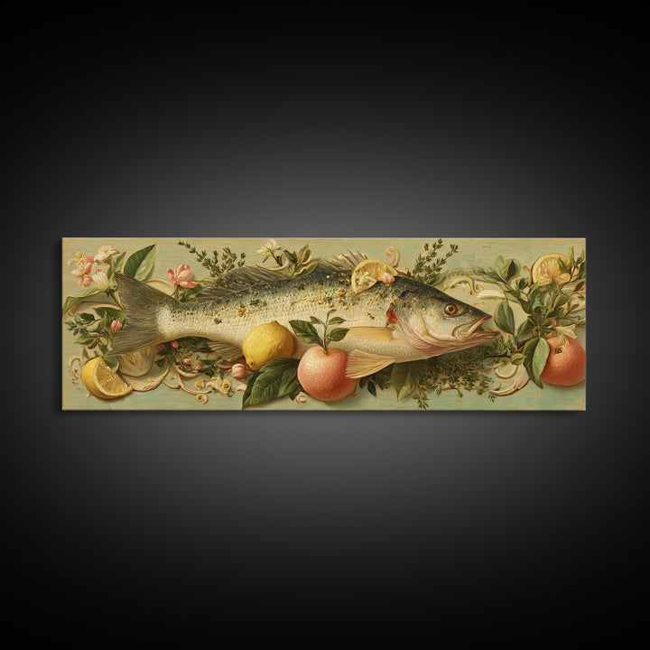 Fresh Fish with Lemon and Herbs Framed Canvas Print, Restaurant Art, Kitchen Decor, Restaurant Decor, Fine Art, Bistro, RES-3x1-87