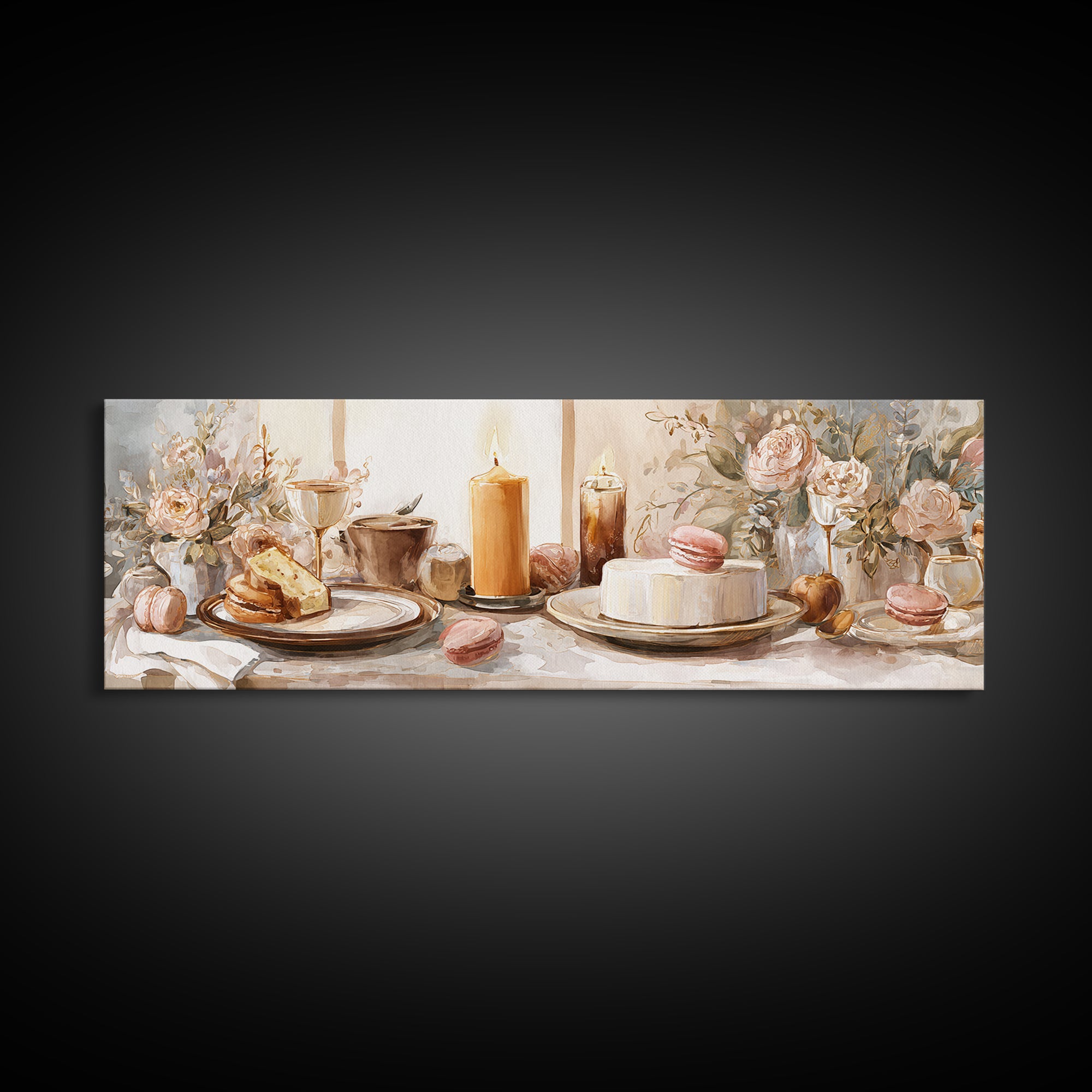 Elegant Table Objects Canvas Print, Restaurant Art, Wall Art, Restaurant Decor, Watercolor Art, Bistro, Digital Print, RES-3x1-88