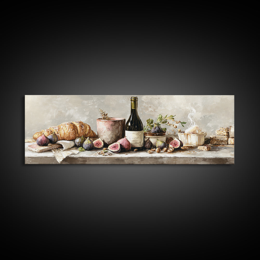 Wine Bottle and Figs Framed Canvas Print, Restaurant Art, Boho Decor, Restaurant Decor, Oil Painting, Bistro, RES-3x1-89