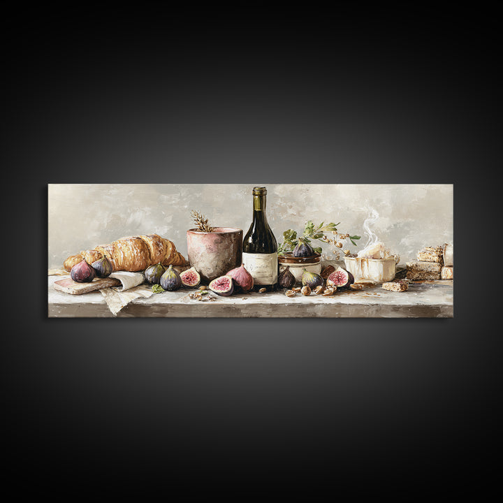 Wine Bottle and Figs Framed Canvas Print, Restaurant Art, Boho Decor, Restaurant Decor, Oil Painting, Bistro, RES-3x1-89