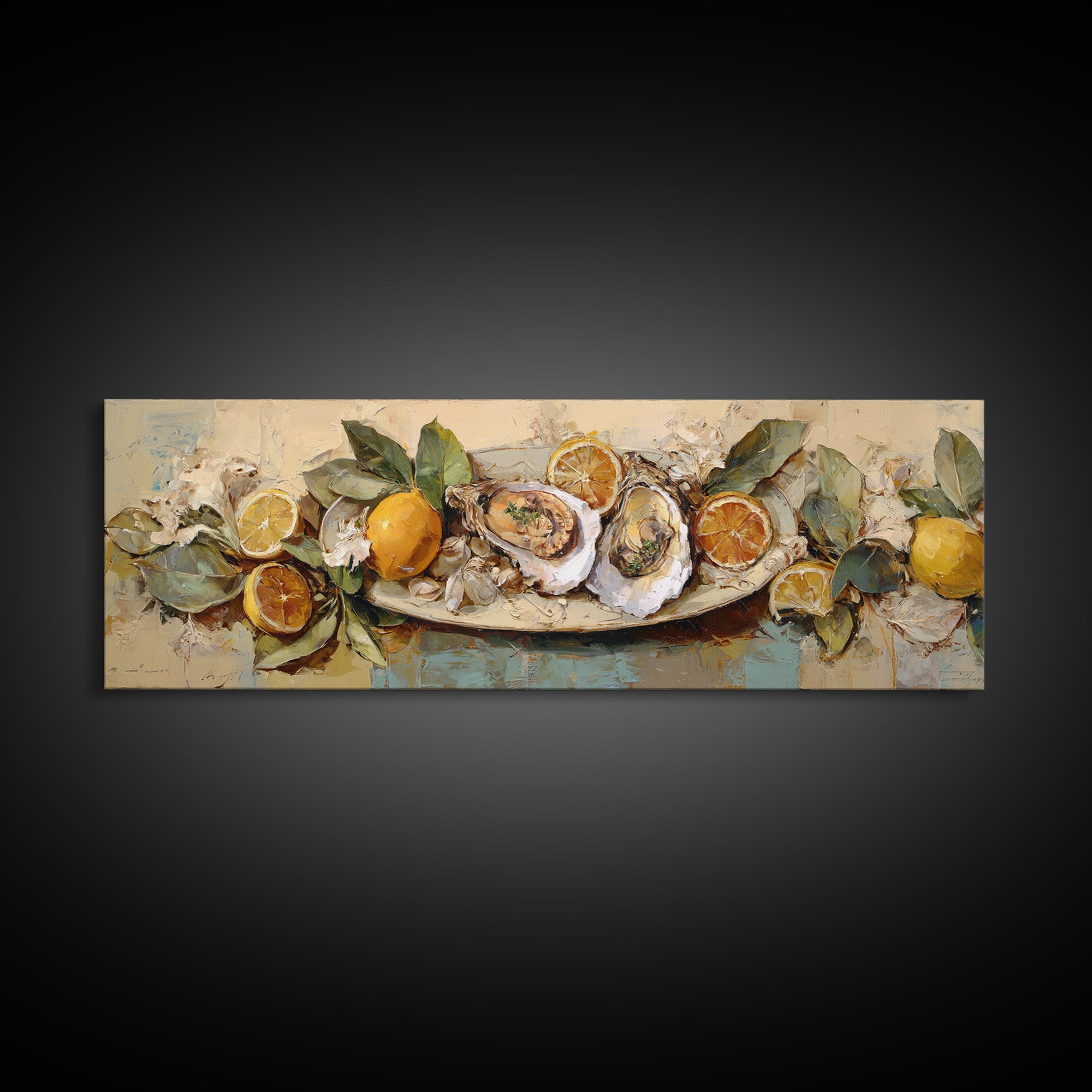Oyster Platter with Lemons and Champagne Canvas Print, Restaurant Art, Canvas, Restaurant Decor, Bistro, Living Room Decor, RES-3x1-91