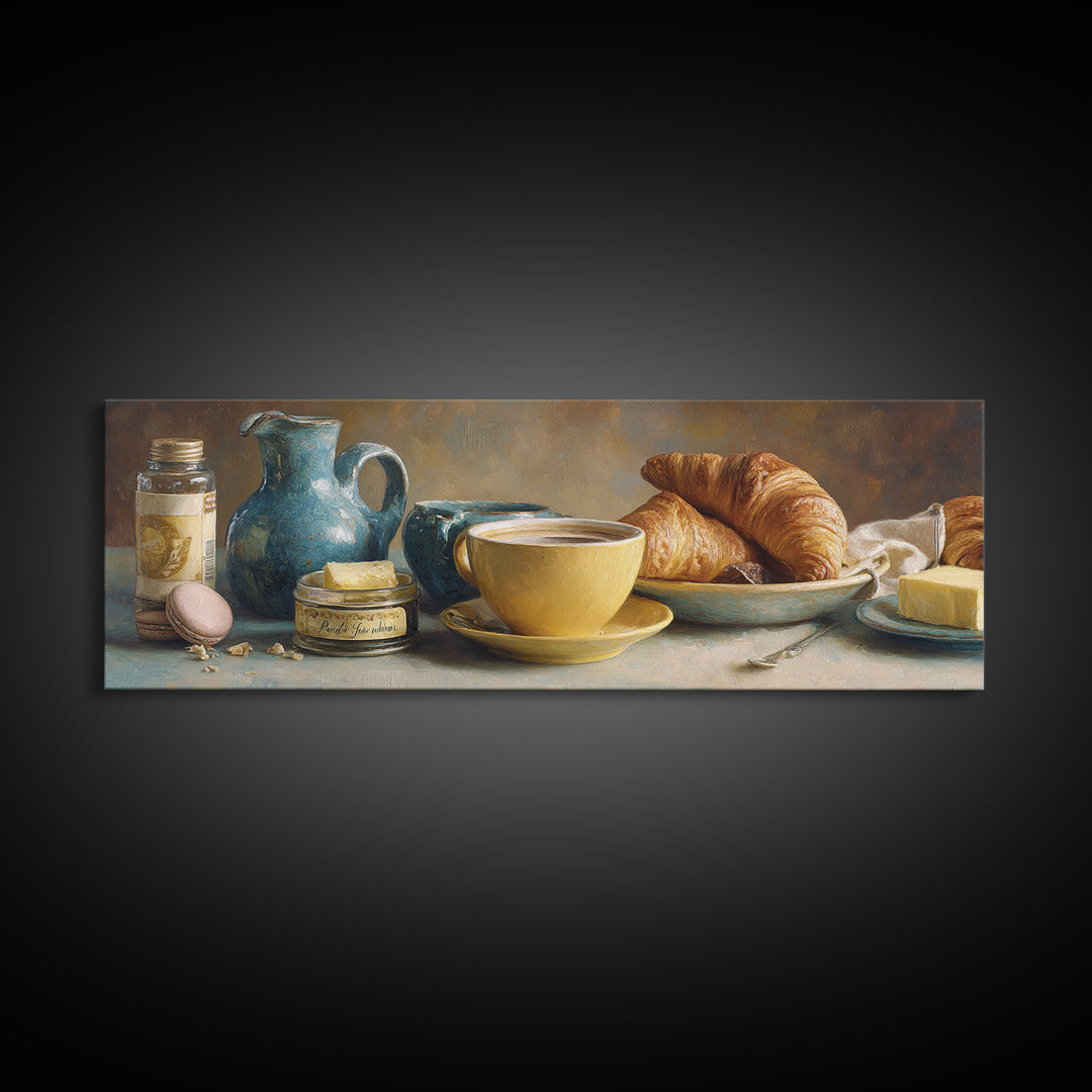 French Bistro Coffee and Croissant Still Life Canvas Print, Restaurant Art, Bedroom Wall Art, Restaurant Decor, Watercolor Art, RES-3x1-94