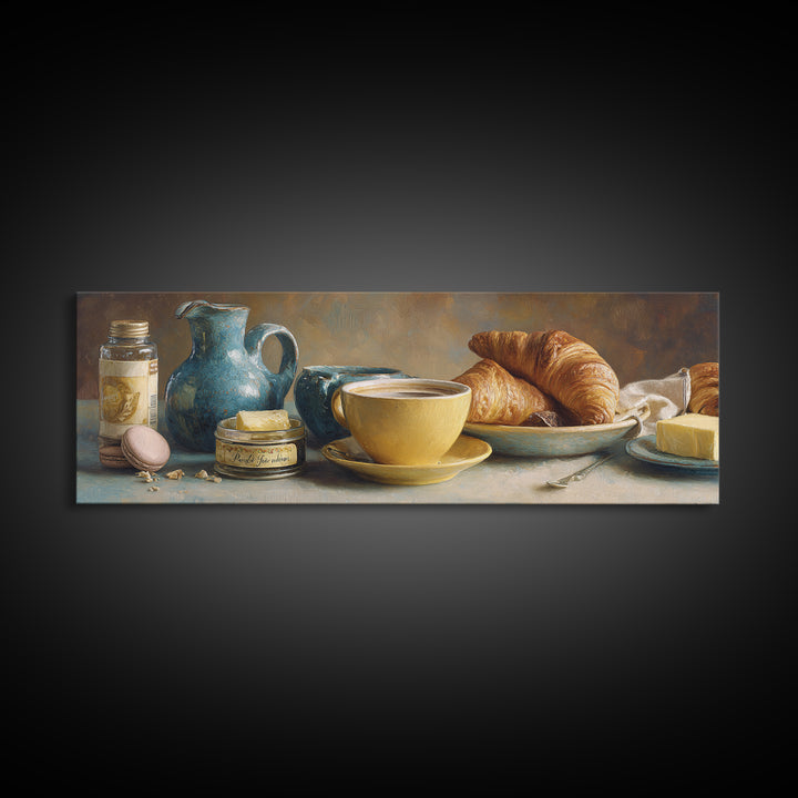 French Bistro Coffee and Croissant Still Life Canvas Print, Restaurant Art, Bedroom Wall Art, Restaurant Decor, Watercolor Art, RES-3x1-94